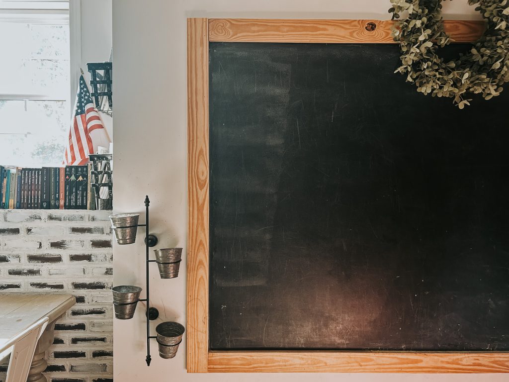 chalkboard, American flag. and school books