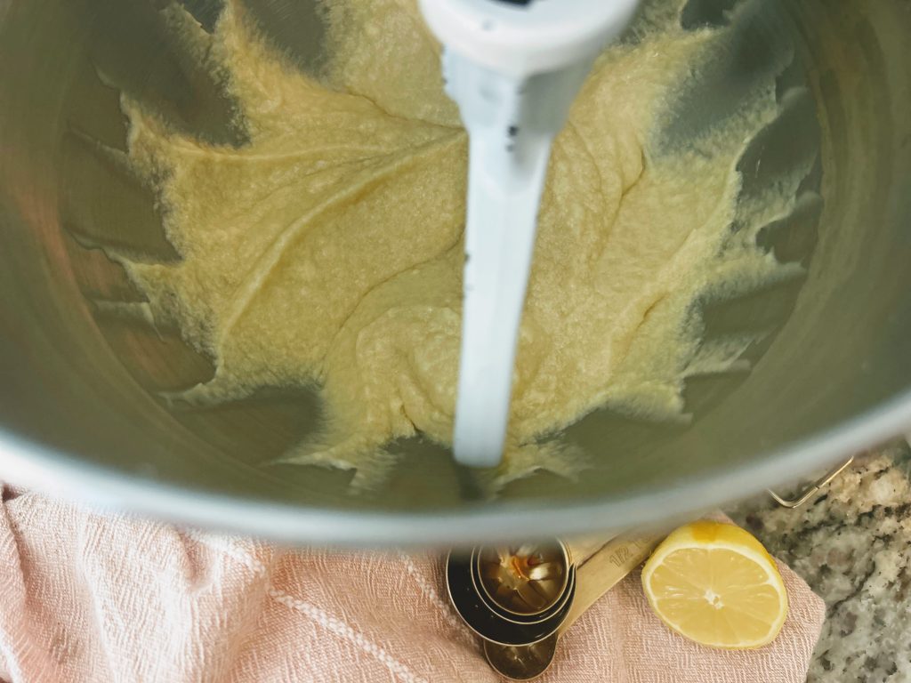 standmixer of creamed ingredients for sourdough lemon coconut balls